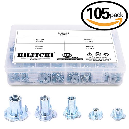 Hilitchi 105-Pcs M4 5 6 8 10 Zinc Plated Steel T-Nut Assortment Kit