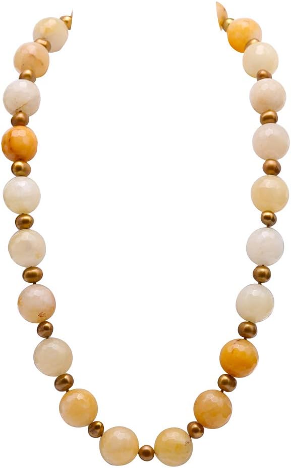 Necklace 18mm Faceted Round Yellow Jade Stone with 9mm Champagne Pearl Gemstone Necklace 24.5"
