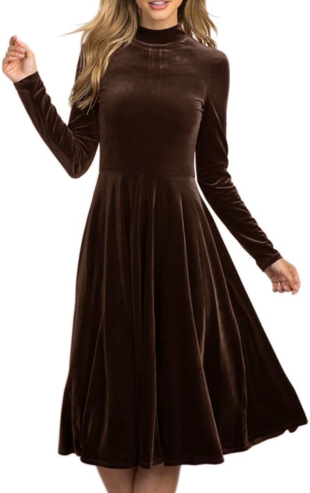 Women’s Retro Velvet Midi Dress Mock Neck Long Sleeve Pleated Elegant A-line Dresses