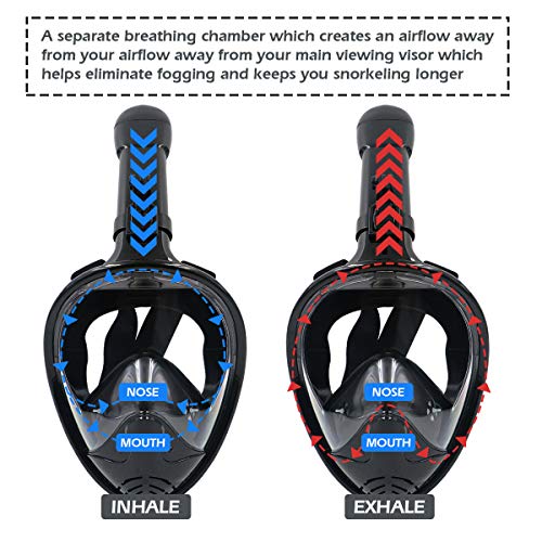 ROCONTRIP Full Face Snorkel Mask, Free Breathing 180Â° Panoramic View Diving Mask, Anti-Fog Anti-Leak and Adjustable Head Strap Snorkeling Mask for Men Women Adult (Black, L/XL)