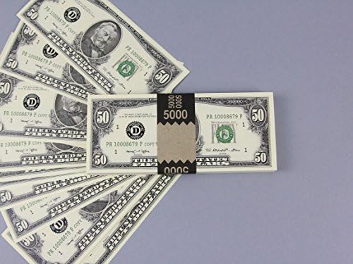 PROP MONEY Real Looking Copy 1980s $50s FULL PRINT Stack - Total $5,000 for Movie, TV, Videos, Advertising &amp; Novelty