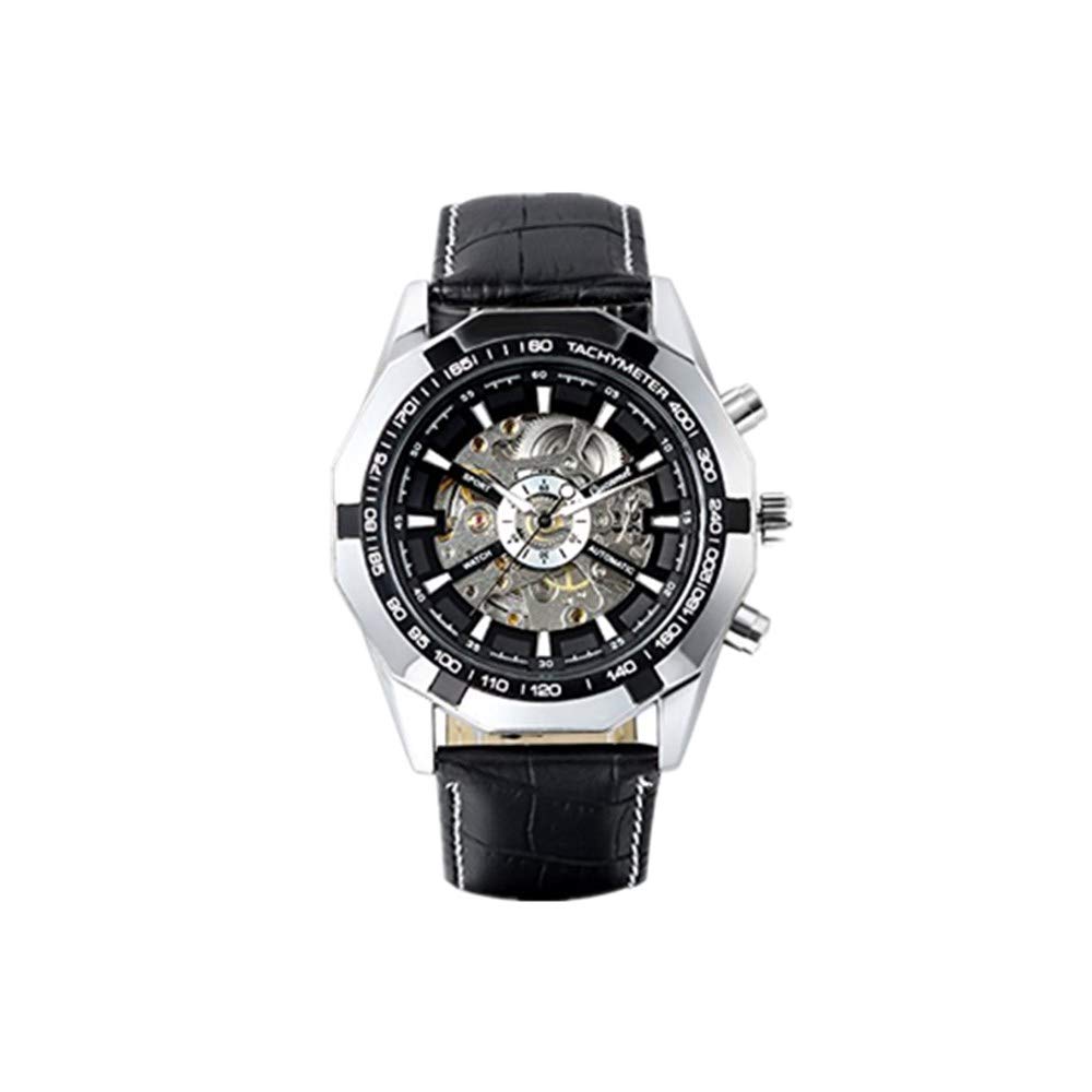 JewelryWe Mens Skeleton Wrist Watch: Classic Mechanical Automatic Watch Black Bezel Skeleton Dial Leather Band Steampunk Dress Watch for Fathers Day Valentines Day Birthday