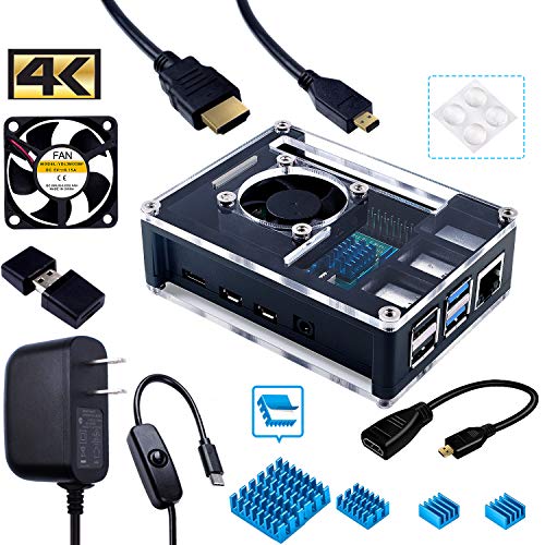Miuzei Case for Raspberry Pi 4 with Fan, 3A USB-C Power Supply, 1.8M/6Feet Micro HDMI Cable, HDMI-Micro HDMI Adapter, 4 Aluminum Heat Sinks, USB Card Reader (Raspberry Pi 4 Not Included