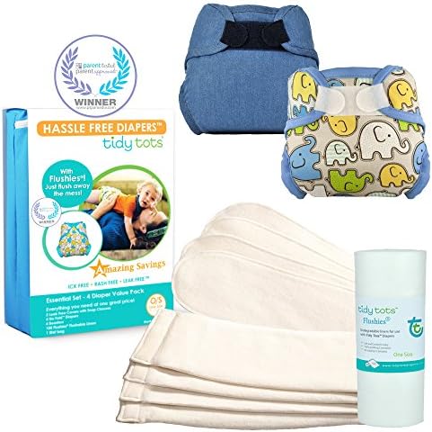 Tidy Tots Diaper Hassle Free 4 Diaper Hook & Loop Essential Set With Real Denim and Elephant Covers
