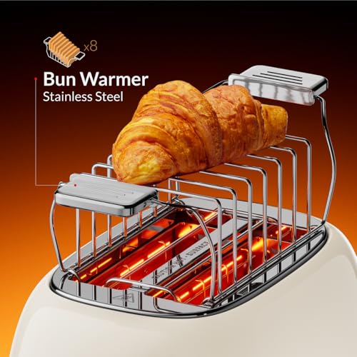 Feller Germany, Retro Style 2-Slice Toaster, 815 W, Steel Body, Dust Cover & foldable Bun Warmer,Defrost, Reheat & Cancel Function,Removable Crumb Tray, TO290, 2Y Guarantee, UAE Version (Cream)