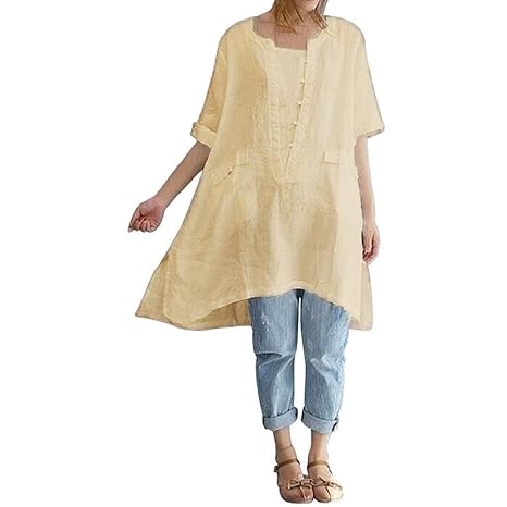 YEBIRAL Damen Einfarbig Leinen Große Größen Mode Irregulär Lose Kurzarm Lang Shirt Retro Tops Bluse