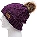 Women's Winter Fleece Lined Cable Knitted Pom Pom Beanie Hat with Hair Tie.(Purple)