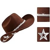 Vuqofkc Western Cowboy Hat Rhinestone Wide Brim Cowgirl Hat with Belt Buckle Costume Party for Teens and Adults