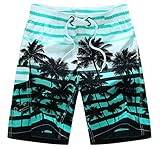 Men's Coconut Tree Printed Stripe Beach Shorts Swim Trunks Blue Asian XL