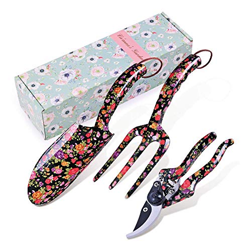 3 Piece Garden Hand Tool set, Gardening Kit Includes Trowel, Pruning Shear, Hand Fork for Garden Gifts (Garden Tool Set - Black)