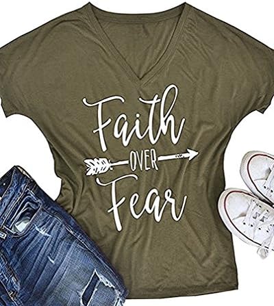 Feel Show Women's Casual Letters Printed T-Shirt Short Sleeves Faith Over Fear Arrow Tee Tops Blouse (X-Large, Army Green)