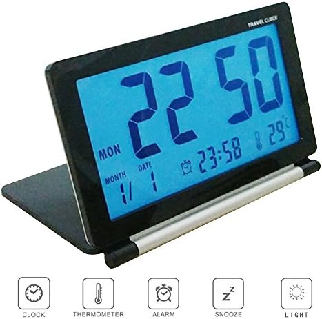 Pensenion Travel Alarm Clock- Digital Folding LCD Travel Clocks Ultra Thin with Night Light, Temperature and Calender for Home and Office, 4.13X2.60X0.59 inch - Black