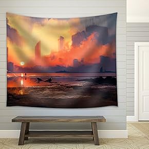 Illustration - Man on Sea Beach Looking at Skyscrapers at Sunset,Illustration Painting - Fabric Wall Tapestry Home Decor - 51x60 inches