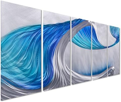 Pure Art Stunning Blue Wave Abstract Wall Art, Set of 5 Silver &amp; shades of Blue Panels - Enhancing Decorative Aluminum Artwork for your home / business - 64” x 24”