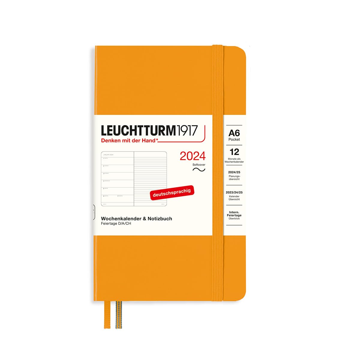 LEUCHTTURM1917 367797 Weekly Calendar & Notebook Pocket (A6) 2024, Soft Cover, Rising Sun, German, 12 Months