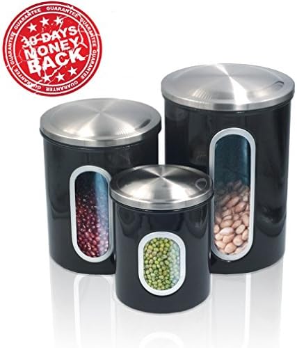SVVSS Canister Airtight Window Kitchen Container,Stainless Steel Canister Sets with Anti-Fingerprint Lid, Cereal Container Set of 3 (Modern Black)