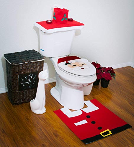 ShellKingdom Christmas Decorations Happy Santa Toilet Seat Cover and Rug Set (Style A)