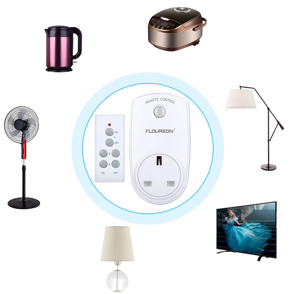 FLOUREON Wireless Remote Control Sockets Programmable Electrical Plug Outlet Switch for Household Appliances, Bedroom Kitchen Lights, up to 30m/100ft Operating Range (3pack, White)