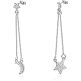Watforsh Silver Moon and Star Dangle Earrings for Women with Cubic Zirconia Asymmetrical Long Chain Tassel Earrings for Celestial Jewelry