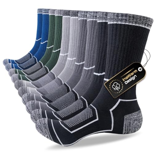 inaWarm Men's Cotton Hiking Socks, 5 Pairs, Cushioned and Breathable | 85% cotton with full cushioning and breathable mesh; moisture-wicking crew socks for walking, trekking, work and sports