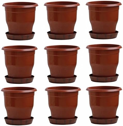 NOVICZ Heavy Duty Plastic Plant Pot/Planter Pots with Bottom Tray - 9PCS Brown Color