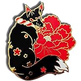 Black Kitsune Fox Red Flowers Japanese Enamel Pin Novelty Brooch Buttons Jewelry for Jackets Jeans Backpack Cloth Lapel Bag Hat Gift for Anime Lovers Men Women Girl Boy