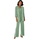 KCGOMK 3 Pieces Mother of The Bride Pant Suits for Wedding Lace Chiffon 3/4 Sleeve Pantsuits for Women Dressy