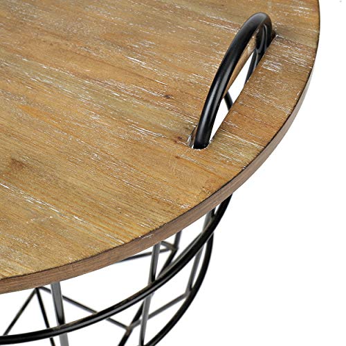 Industrial Black Metal Wire and Wood Basket Side or End Table