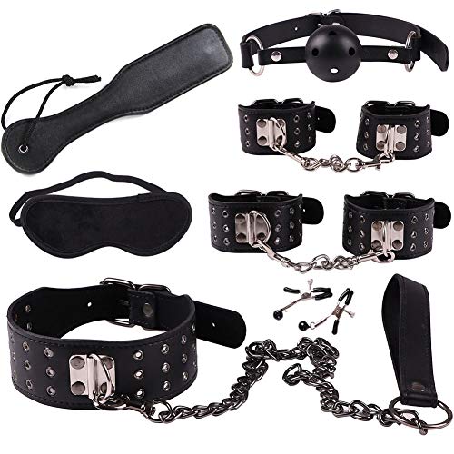 7 Piece Leather Bondage Restraints Set Kit for Bed and Under Bed Sex Play SM Bondage Toy Gear Wrist Cuffs Gags Collar Spanking Nipple Rope Strap On Harness for Women Couples Lesbian Female,A3