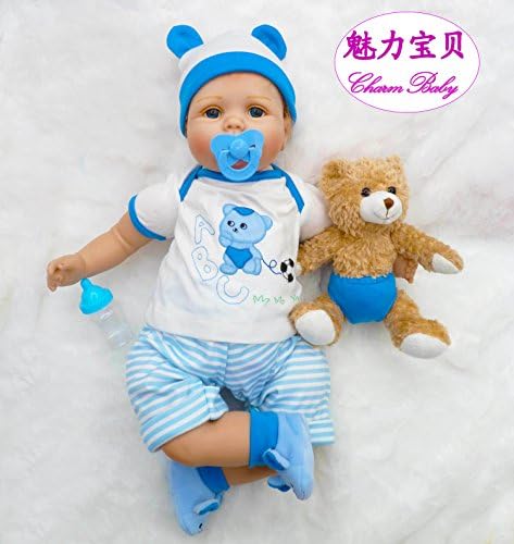 Charm Baby 22 Inch/55cm Soft Silicone Vinyl Head &amp; Limbs, Soft Body Blue Reborn Baby Boy Realistic Looking Newborn Doll with Magnetic Mouth &amp; Teddy Bear Toy
