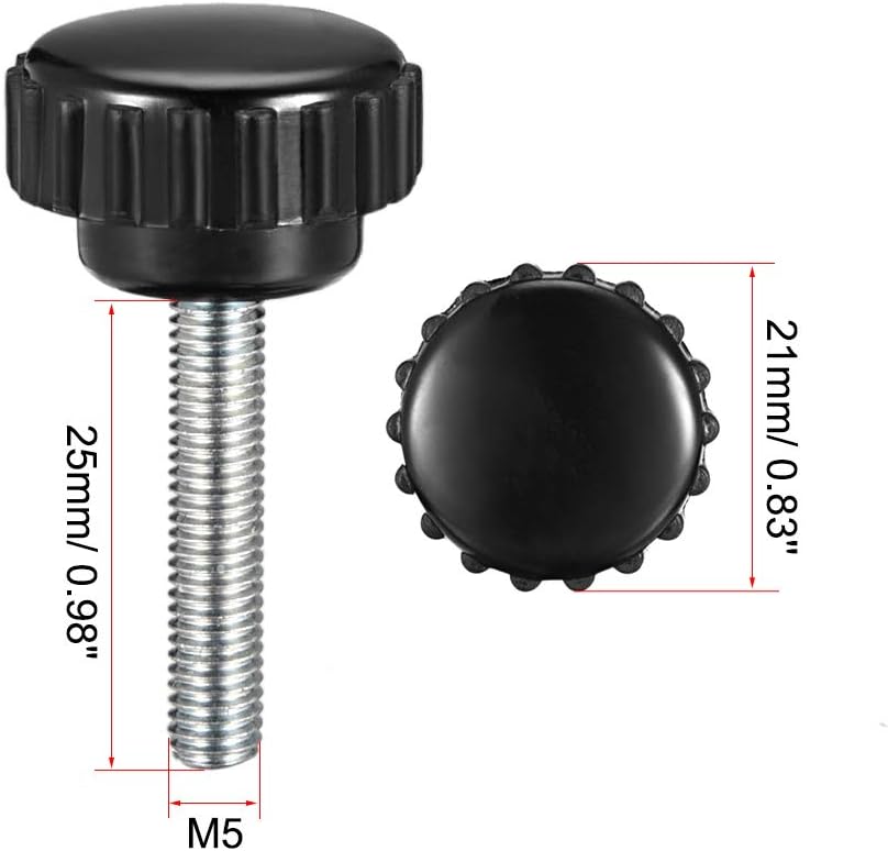 sourcing map 2pcs Knurled Clamping Knobs M5 x 25mm Metric Zinc Plated Carbon Steel Male Thread Thumb Screw on Type 21mm Plastic Round Head Threaded Hand Bolt Stud Knobs Black - Image 3