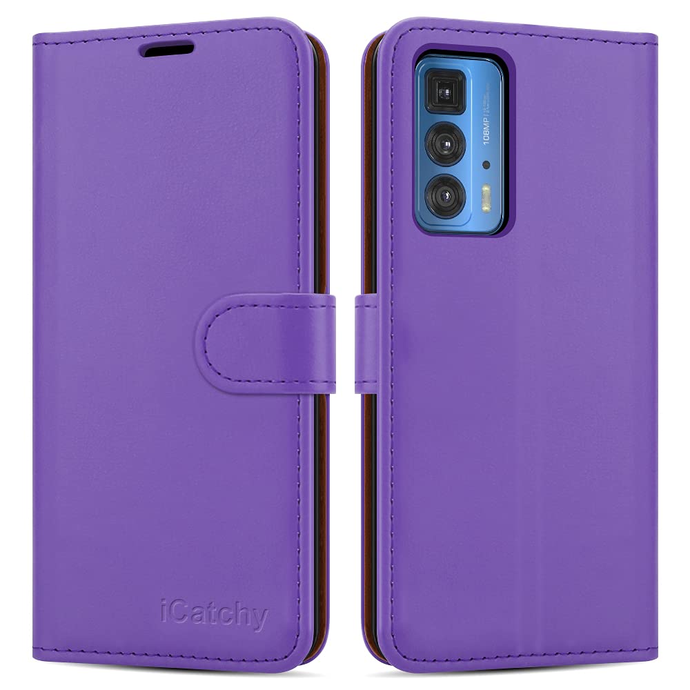 iCatchy For Motorola Edge 20 Pro Case Leather Wallet Book Flip Folio Stand View Magnetic Closure with Card Slots Case for Motorola Moto Edge 20 Pro (Lilac)