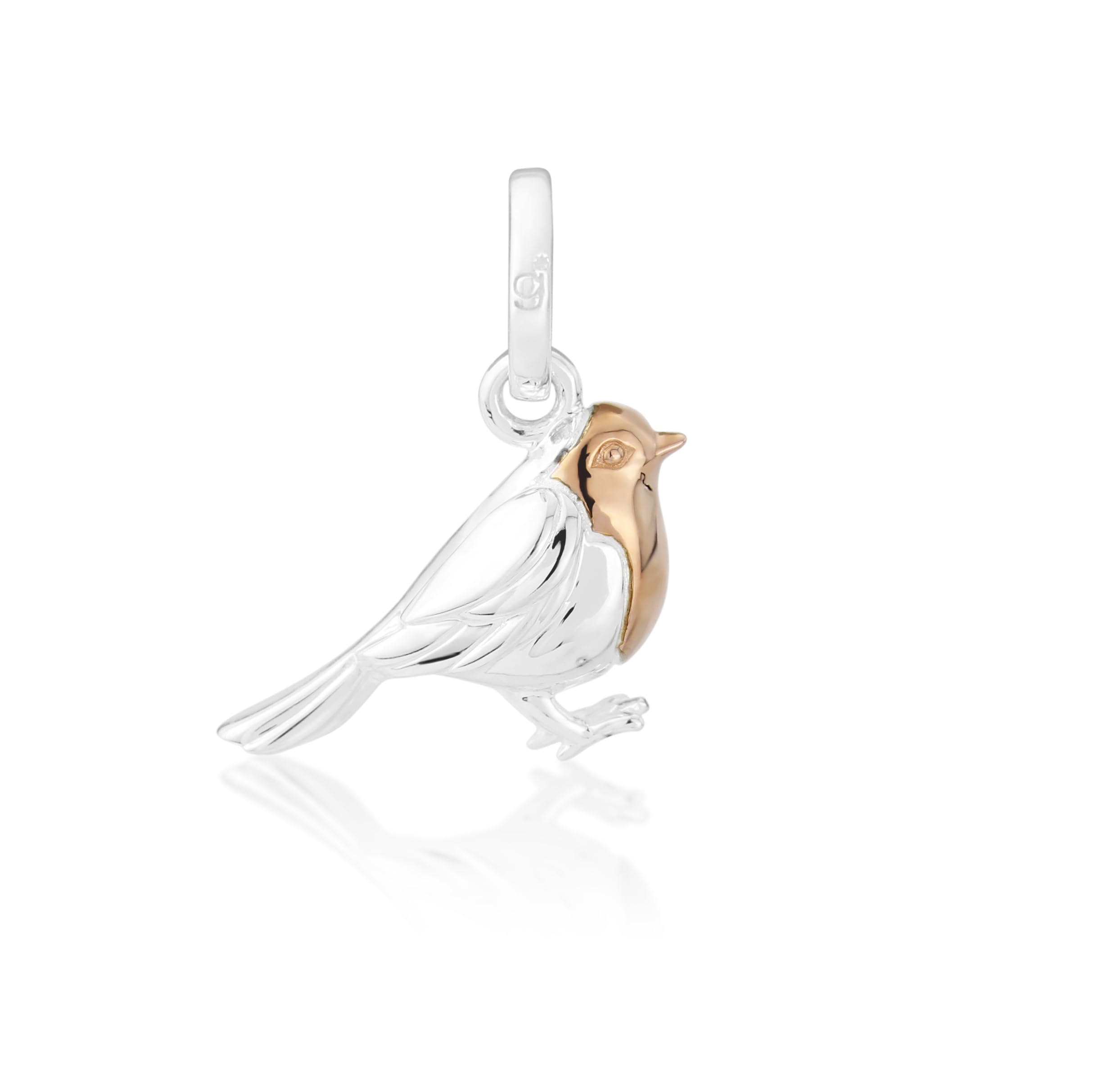 Gemma J Solid 925 Sterling Silver Robin Charm with 14ct Rose Gold Breast, Robin bird charm compatible with most charm bracelets