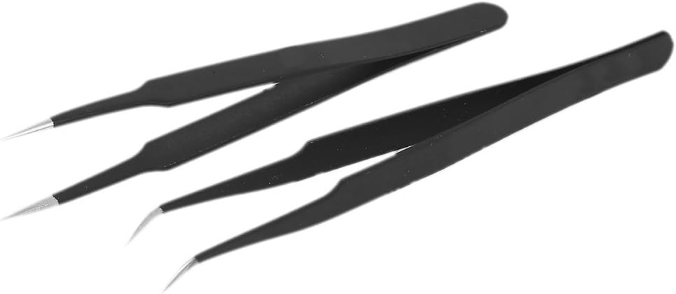 Sourcingmap Metal Anti-Magnetic Pointed Tip Needle Nose w Curved Tweezer Set Black 2 in 1