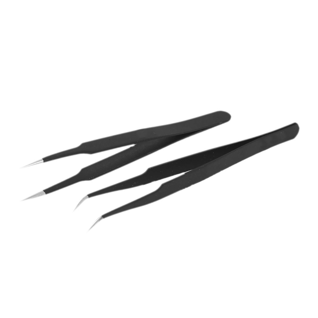 Sourcingmap Metal Anti-Magnetic Pointed Tip Needle Nose w Curved Tweezer Set Black 2 in 1
