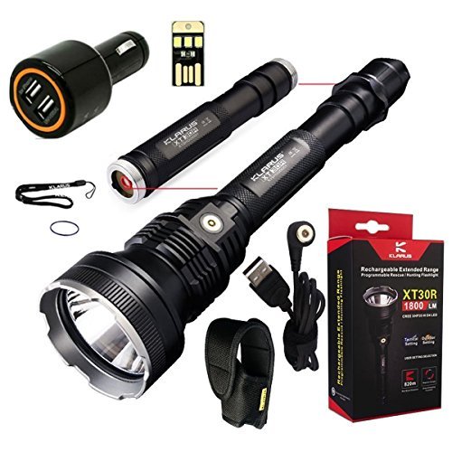 Klarus Upgraded XT30R 1800 Lumens LED Handheld Rechargeable Flashlight, Battery pack, USB Cable, Lanyard, Holster, Car Charger, and USB Mini Light