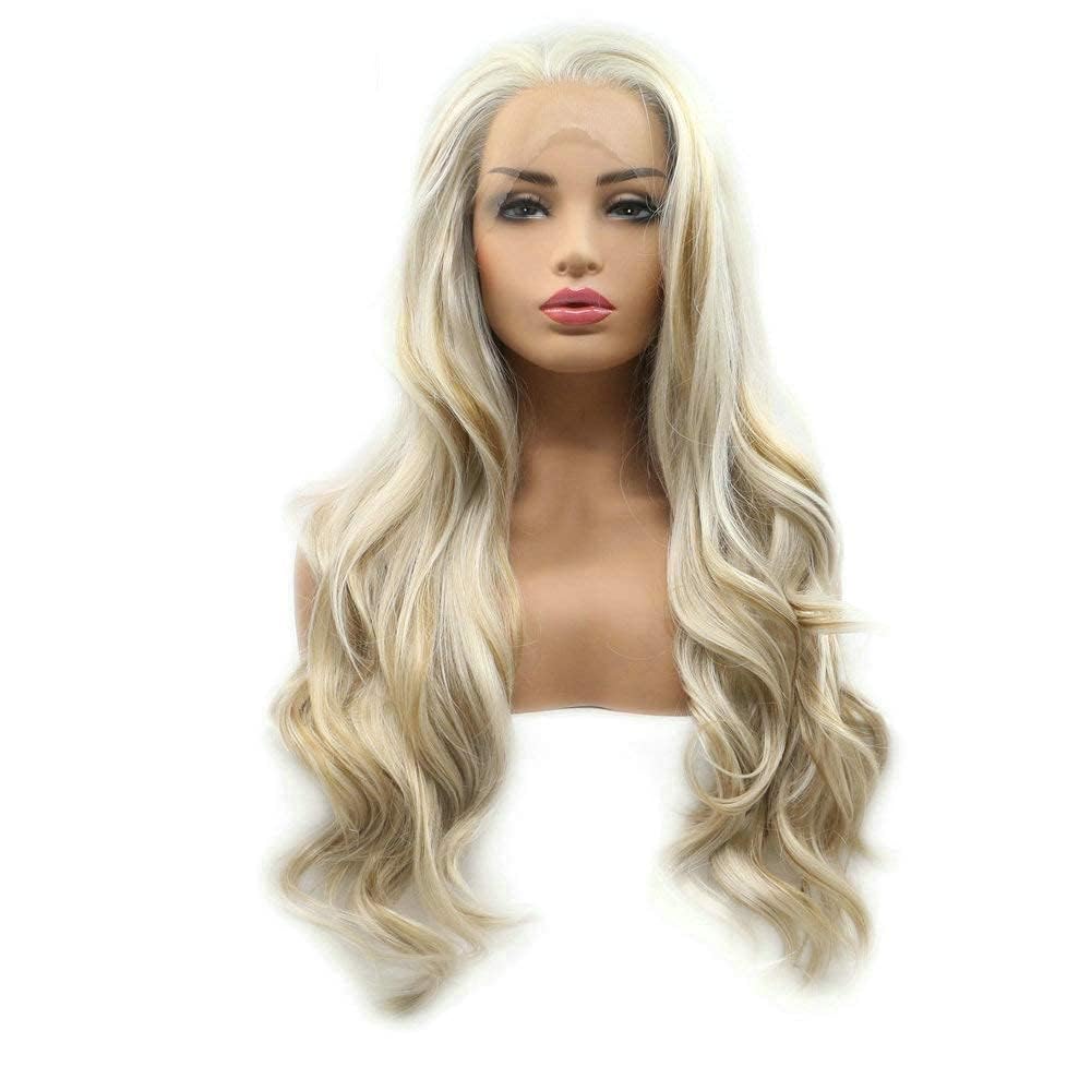 RainaHair Blonde Highlight Lace Front Wigs Mixed Blonde Ombre Body Wave Synthetic Hair Heat Resistant Fashion Woman 24 Inch, Blonde/lace front wig