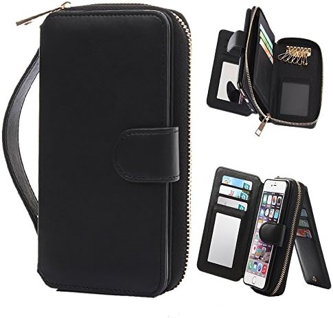 Iphone 6s Plus Case, Primium Zipper Leather Wallet Detachable Magnetic Case with Mirror Designed Credit Card Slots Cash Holder Folio Flip Wallet Case for Iphone 6/6s Plus 5.5 Inch (Black)