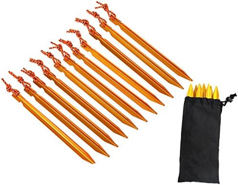 Petpuppy Aluminum Tent Stakes Outdoors Tent Pegs with Reflective Pull Cords and Pouch Pack of 12