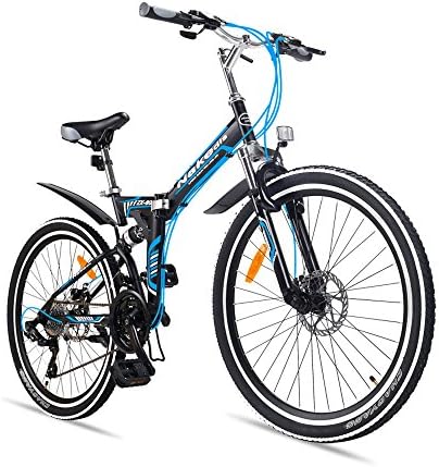 SOGAR Unisex 24/26 inches Folding Bicycle Double Disc Brake 21-Speed Damping Mountain Bike, Black and blue/24 inches