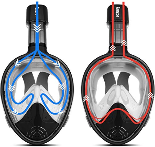 Kirecoo 180° Full Face Snorkel Mask Anti-Fog Anti-Leak Panoramic Large View with Go Pro Mount for Adults Youth Kids (Black Gray, L/XL)