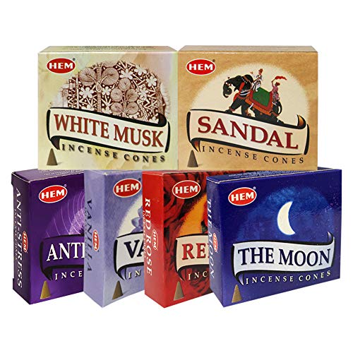 Hem Incense Cones Variety Pack 6 and Cone Incense Burner Bundle with 6