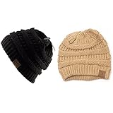 Trendy Warm Chunky Soft Stretch Cable Knit Slouchy Beanie Skully HAT20A (One Size, 2 PACK BLACK/NEW BEIGE)
