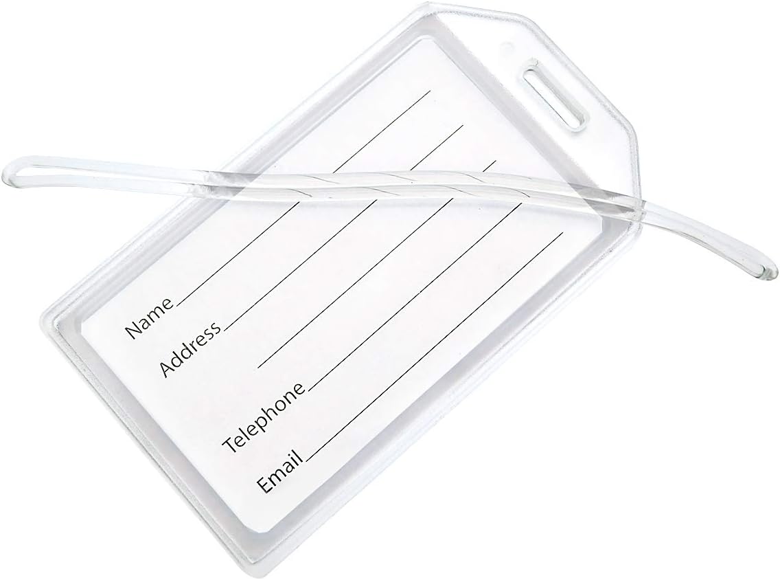 5 Pack - Premium Rigid Airline Luggage Tag Holders with 6" Worm Loops - Heavy Duty Hard Plastic -Suitcase ID Tag Identifiers with Business Card Insert Window by Specialist ID (Translucent/Clear): Office Products
