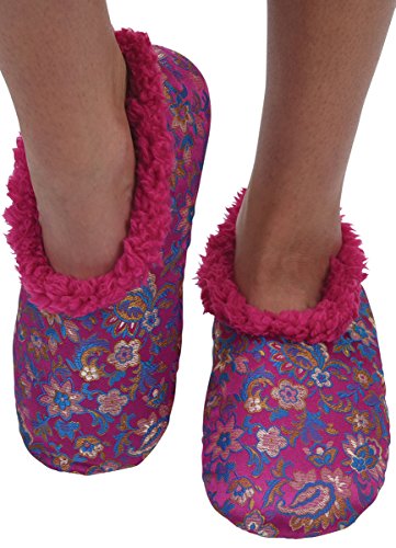 Snoozies Womens Asian Fusion Cozy Sherpa Fleece Non Skid Slipper Socks - Dark Pink, Medium
