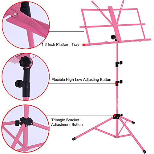Music Stand, Kasonic Professional Collapsible Orchestra Portable and Lightweight with LED light, Music Sheet Clip Holder and Carrying Bag Suitable for Instrumental Performance (Pink)
