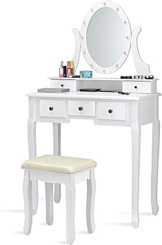 Amazon Com Goflame Vanity Set With 360 Rotating Oval Makeup Mirror Dressing Table Cushioned Stool Set With 5 Sliding Drawers 12 Led Lights Detachable Top Perfect For Dressing Room Bedroom White