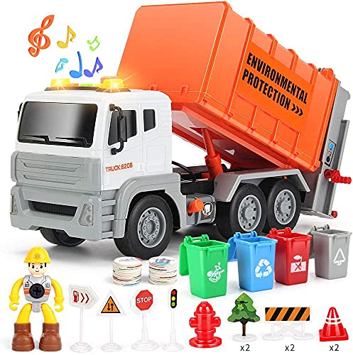Anby families Garbage Truck Toy with Lights and Sounds,Truck Car Toys for 3 4 5 Years Old Kids Boys Girls,Friction Powered with 4 Garbage Cans,Traffic Signs,Educational Toy Gifts