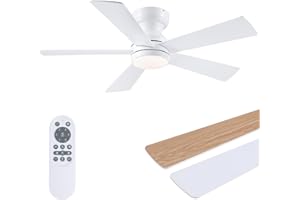 BYKISTOK 46" Flush Mount Ceiling Fan with Lights - White Modern Fan Light with Reversible Mute Motor, 3CCT Dimmable, Wind Speeds Adjustable, Low Profile Light Fixure for Indoor Use, Bedroom
