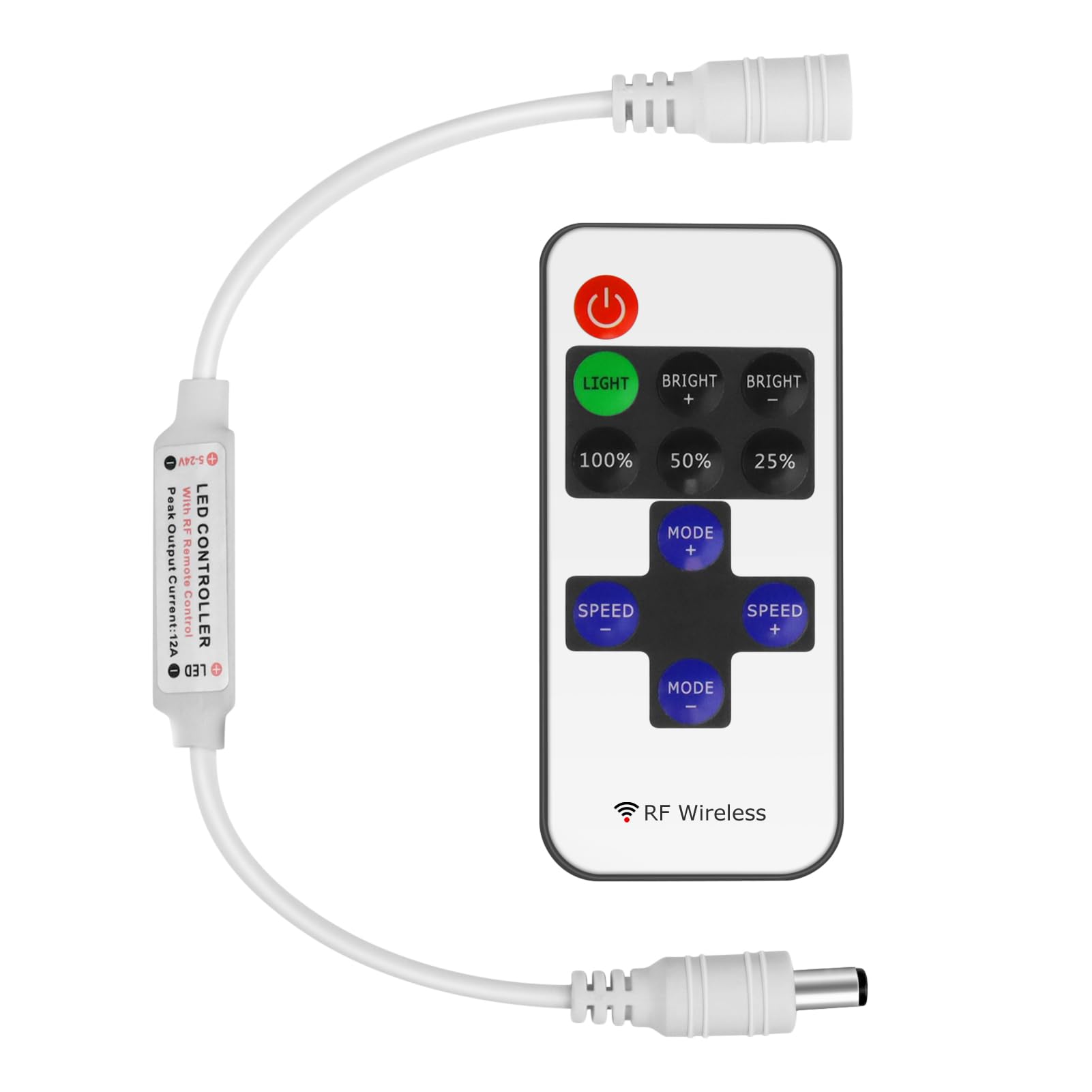 Photo 1 of RF Mini Wireless Remote Controller for Single Color 3528 5050 LED Strip Lights, Wireless Remote Control with White DC Connector, RF Dimmer for 12V DC LED Ribbon, Shelf Lights